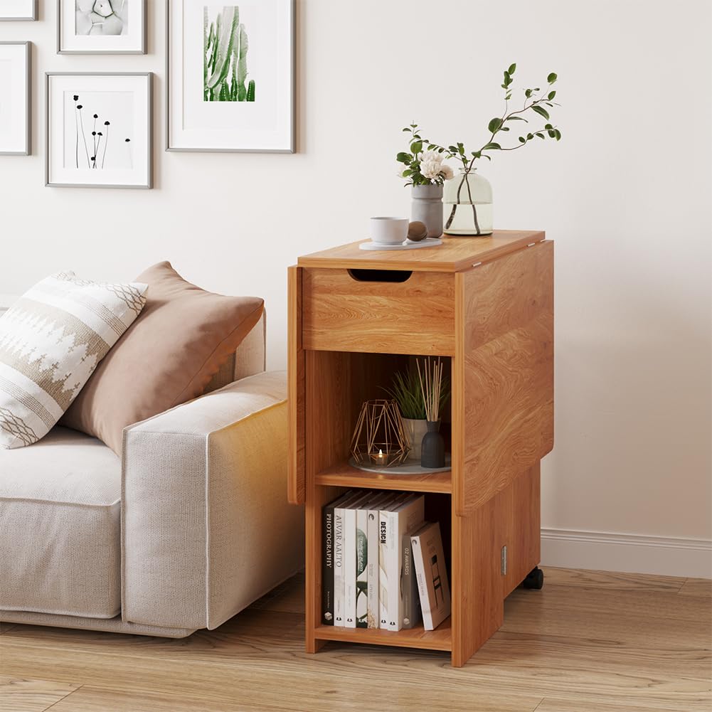 Shally Dogan Tavolo da Pranzo Pieghevole Salvaspazio con Ruote, Scrivania Richiudibile con 2 Ripiani e 1 Cassetto, Design Moderno Multiuso Ideale per Casa, Ufficio, 120 x 77 x 75 cm (Legno)