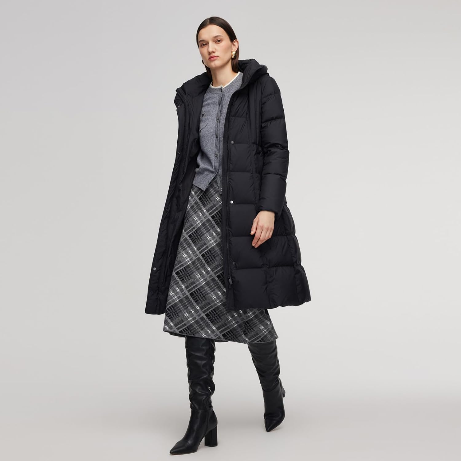 GOELIA Women's Long Goose Down Jacket with Hood Windproof Casual Holiday Work Down Coat Outerwear with Belt
