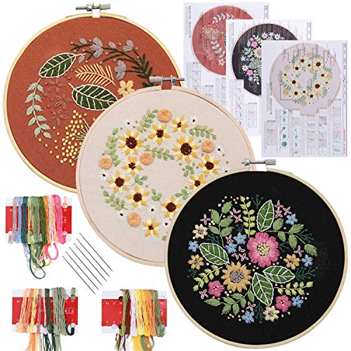 3 Pack Full Range of Embroidery Starter Kit with Pattern, Beginner Cross Stitch Kit Including Embroidery Cloth, Bamboo Embroidery Hoop, Color Threads and Tools Kit