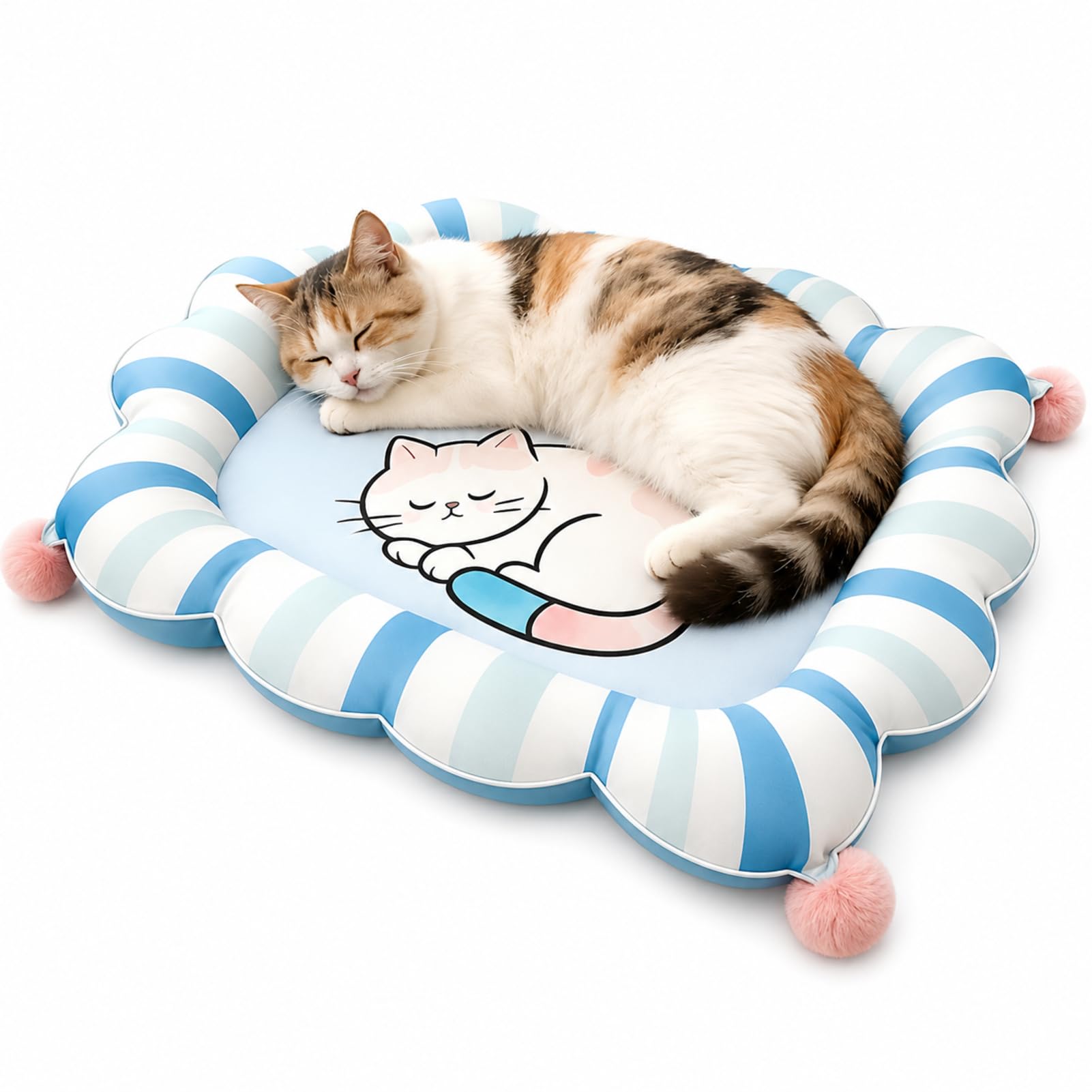 Cat Cooling Mat With Kitten Face Print 67x47x10cm – Self Cooling Gel Mat Raised Edges For Cats Dogs – No Electricity Pet Pad For Summer Floor Sofa Car Travel L