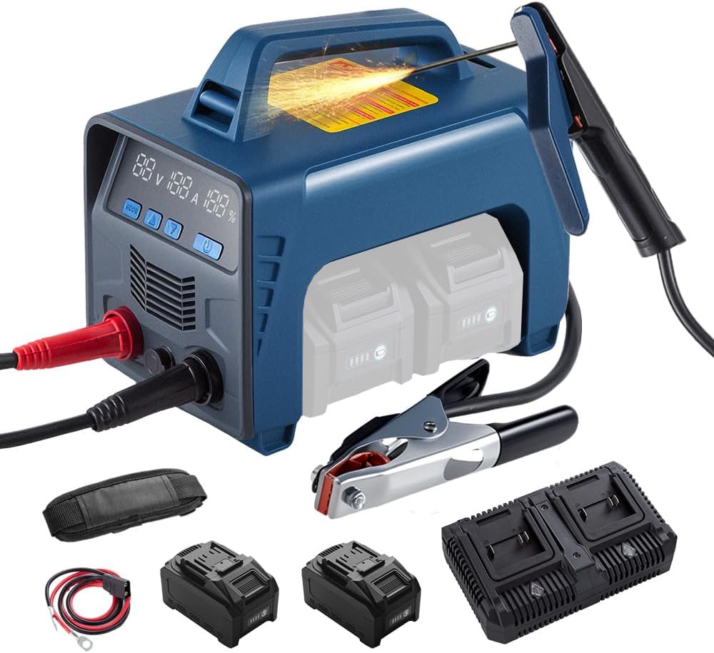 Cordless Welder Battery Powered Welding Machine With 2 Batteries, Portable MMA DC Welder Machine With LED Display Inverter Stick Welder(Blue)
