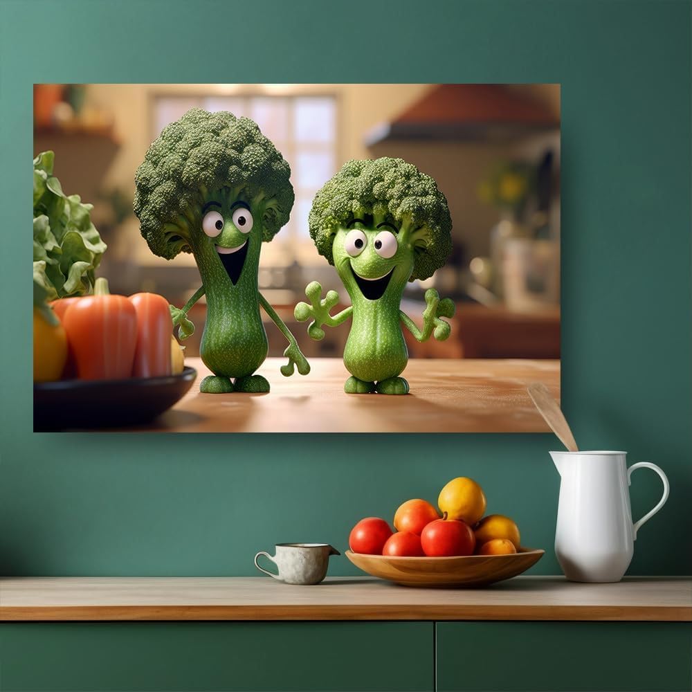 Lustige Küchen-Wanddekoration, verschiedene grüne Gemüse-Kunst, Brokkoli-Freunde, verspielte Cartoon-Illustrationen, Küchen-Wandkunst für Küche, Esszimmer, Dekoration, Gemüsekost-Poster für
