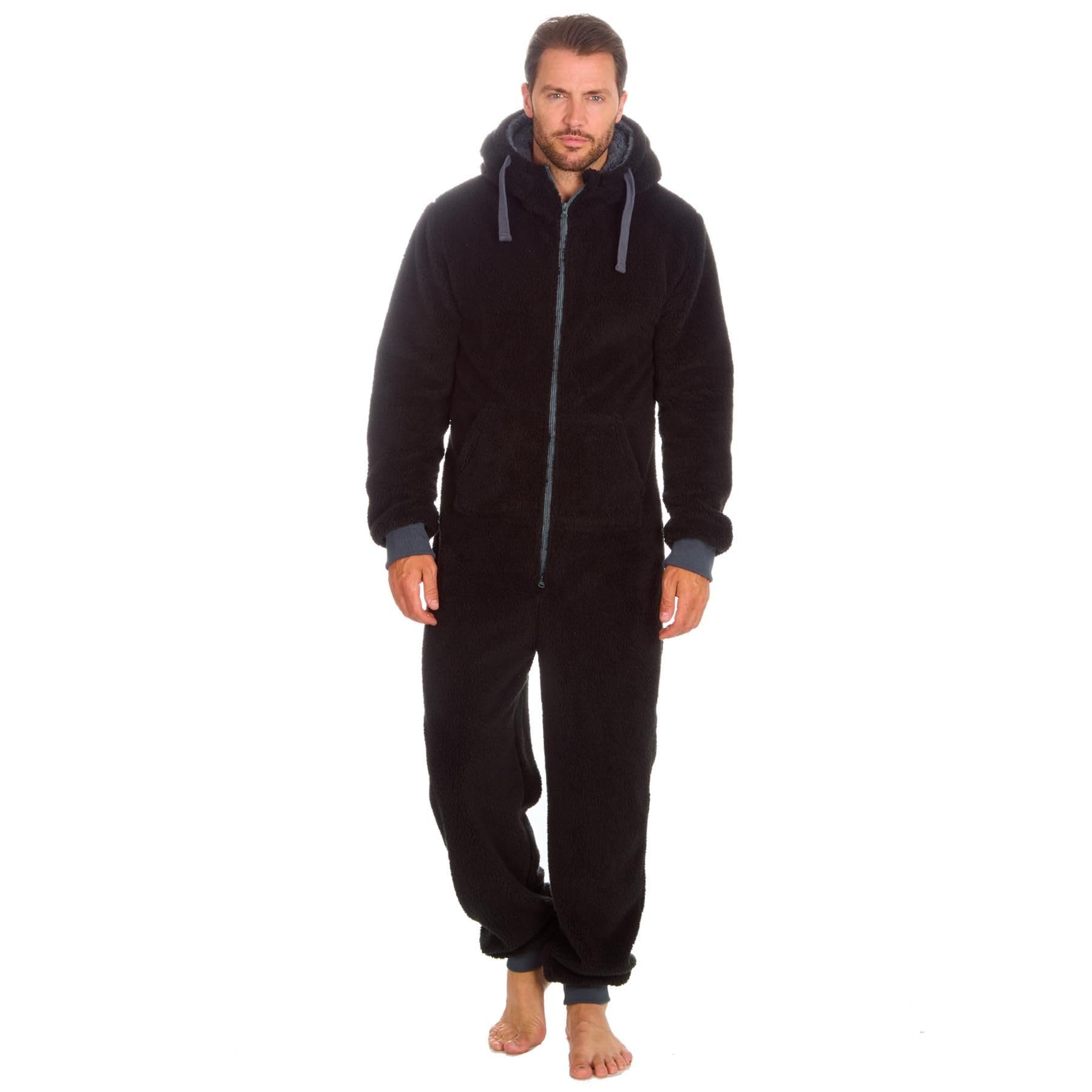 Nikaro Men's Hooded Fleece Onesie Warm Snuggle Suit Stylish Zip Up Contrast (M-L) Black