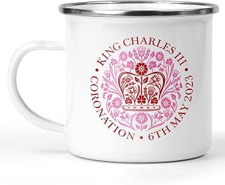 Coronation Mug - Commemorating the Coronation of King Charles III and Queen Consort | Metal Enamel Mug with Official Red Emblem