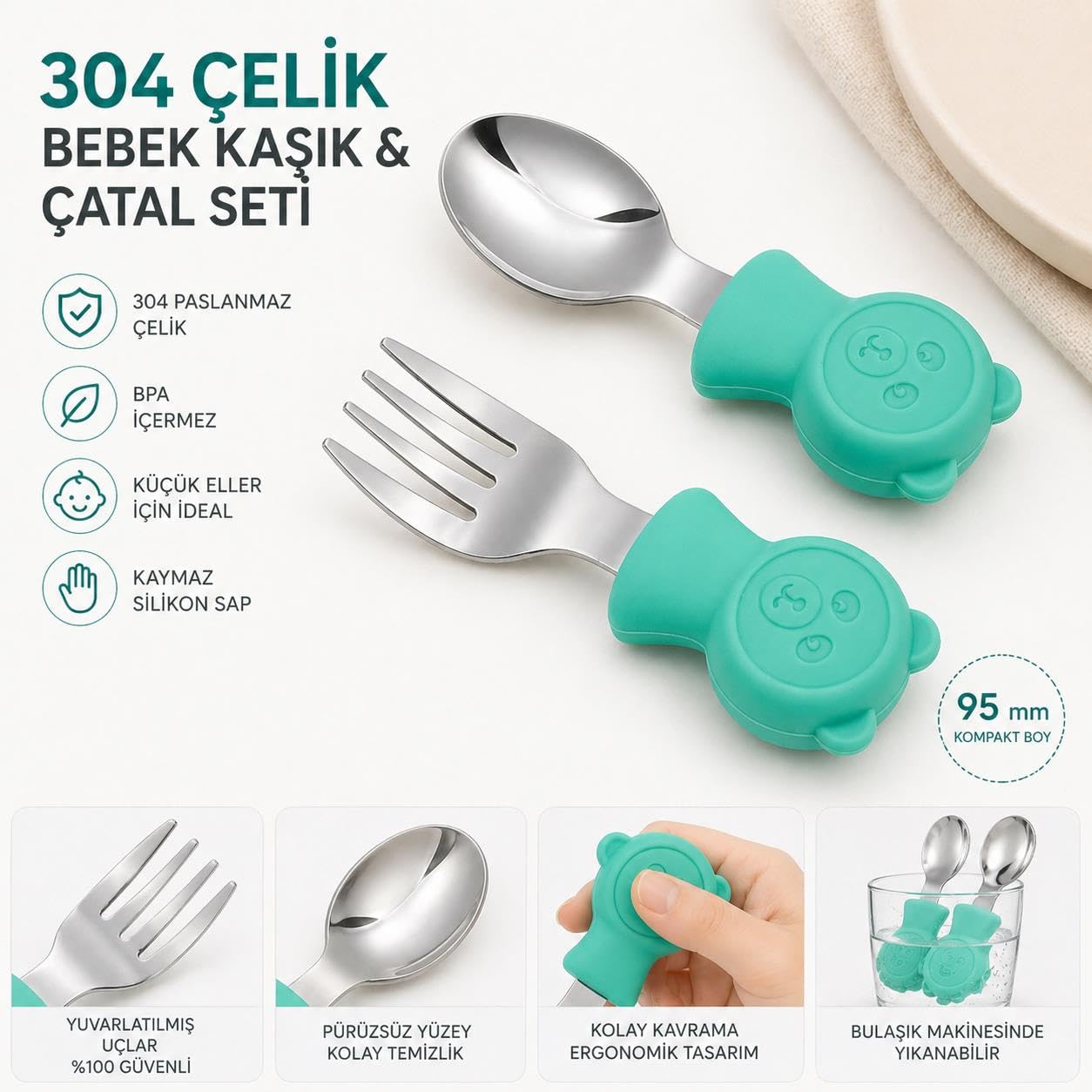 Valkyrie 304 Çelik Panda Bebek Kaşık Çatal SetiSilikon Saplı BPA İçermez Ergonomik Kaymaz Yeşil