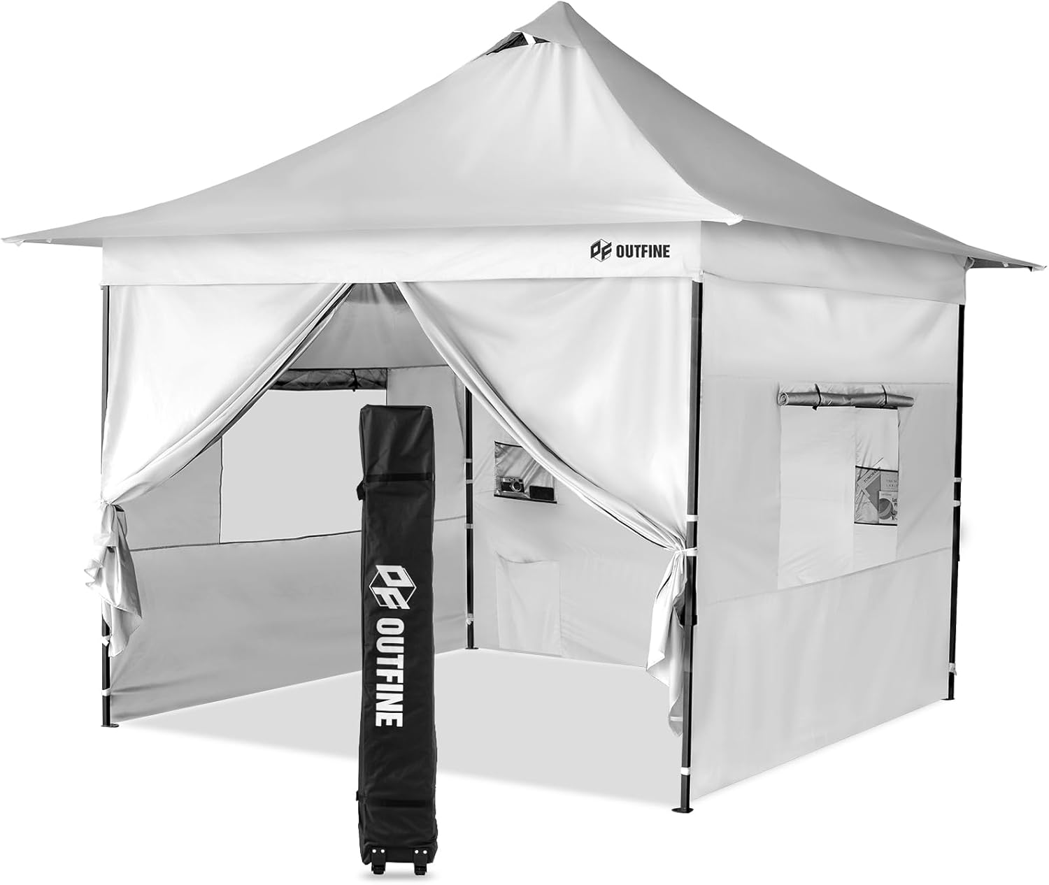 OUTFINE 1212 Pop Up Canopy-Heavy Duty Canopy Tent with Sturdy Metal Frame(1010 Base) Reinforced with Steel Cables, Roller Bag, Sidewall4 for Exhibition, Party&Backyard (White, 12 * 12FT Pro)