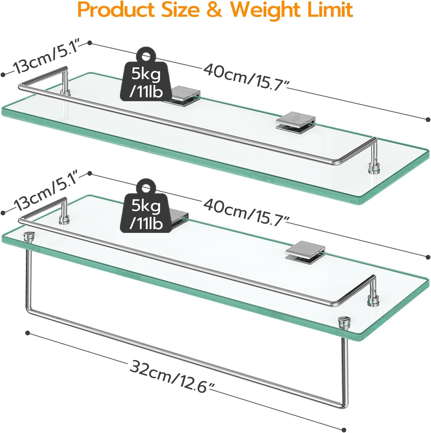 HOOBRO Glass Shelves for Bathroom, 15.7 Inch Floating Glass Shelf for Wall, Set of 2 Tempered Stainless Steel Wall Mounted Stand for Toilet, Room Decor, Silver SV02BJ01