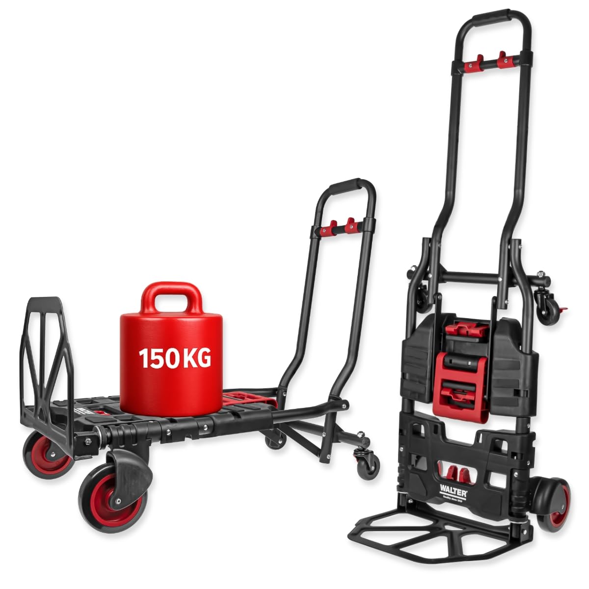 WALTER 2-in-1 Transportwagen & Transportkarre – 150 kg Tragkraft, ausziehbarer Griff, Feststellbremse, elastische Fixierbänder, klappbar