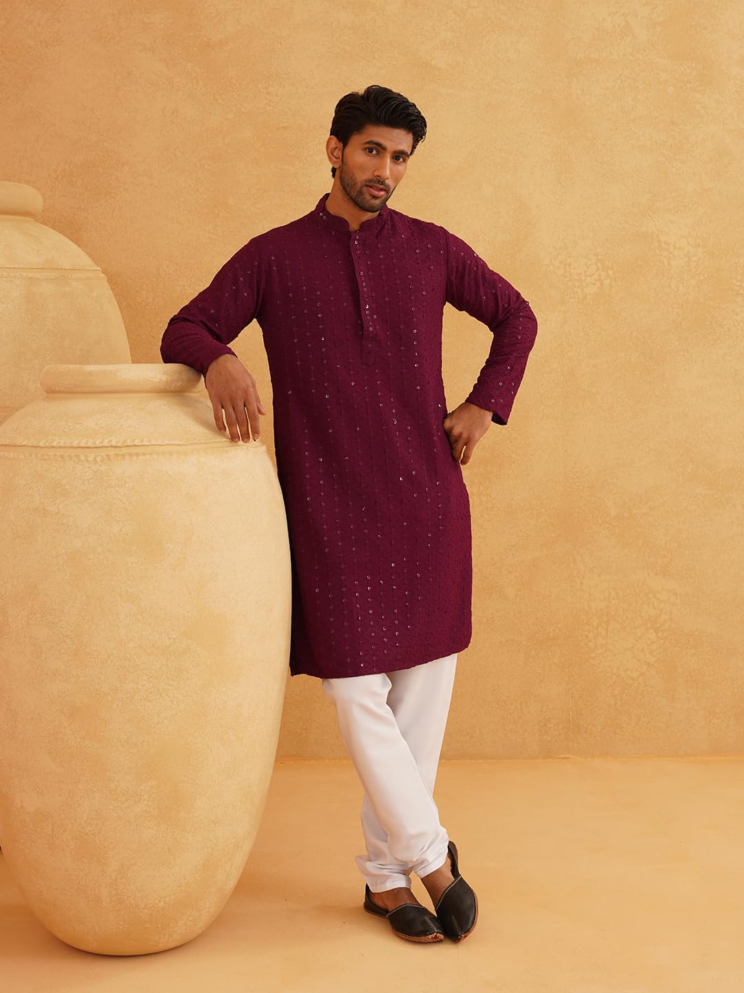 Sojanya (Since 1958 Men's Sequinned Embroidered Purple Cotton Kurta And White Pyjama Set