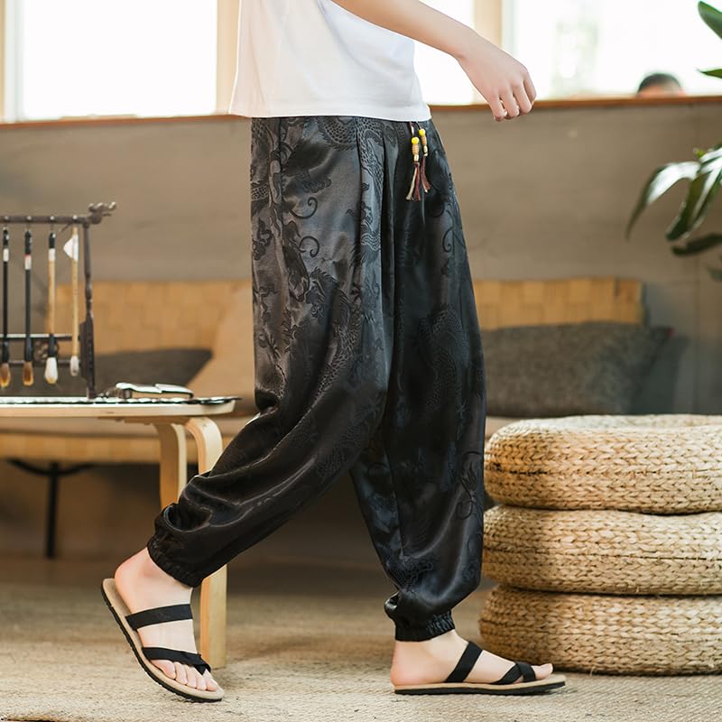 Hipster Ice Silk Satin Men' Pants Dragon Pattern Chinese Loose Trousers Smooth Comfortable Beach3