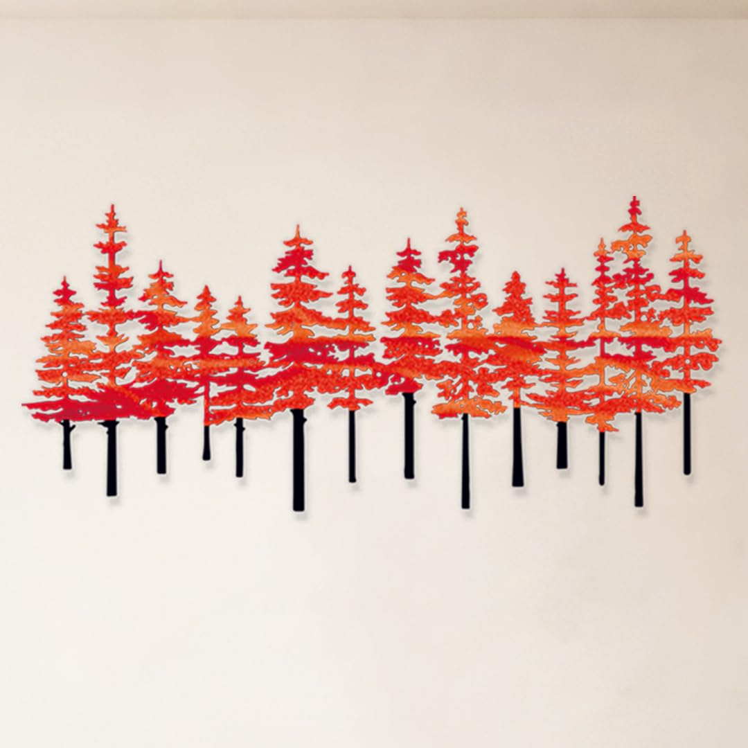 Metal Pine Tree Wall Art Decor Nature Home Decor Cedar Trees Metal Sign Wall Decorations for Living Room, Forest Decor, Nature Lover Gift (Black Red)