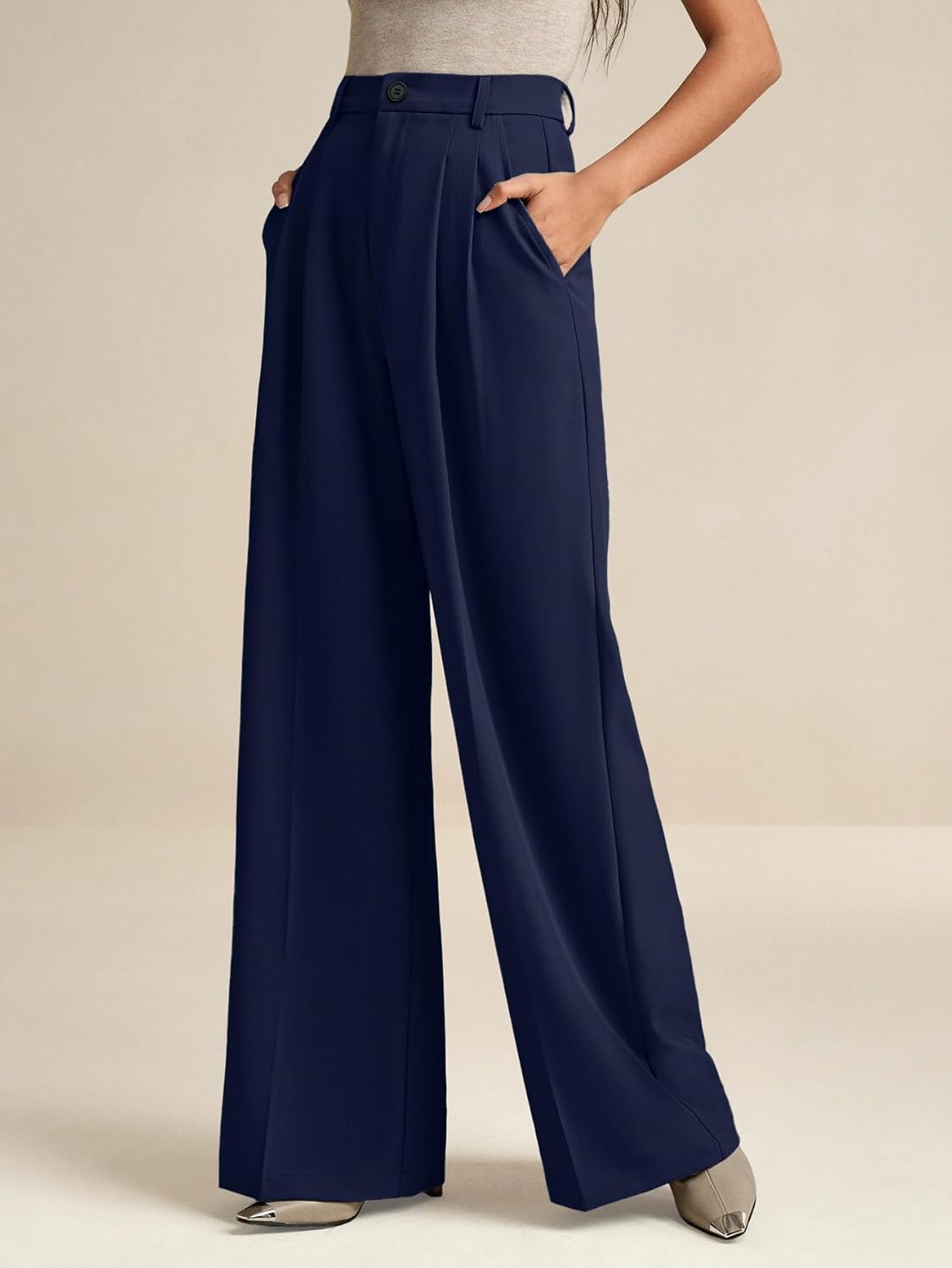 ELLEVEN Women's Casual Wide Leg Dress-Pants, High Elastic Waisted in The Back Business Flowy Trousers with Pockets - Image 2