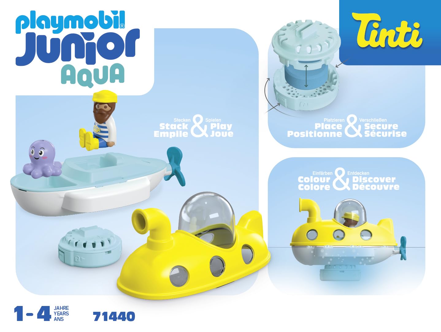PLAYMOBIL JUNIOR AQUA & Tinti 71440 Sottomarino colorato, barca subacquea con cupola removibile, con tre diverse perle da bagno colorate Tinti, giocattolo per bambini dai 12 mesi in su