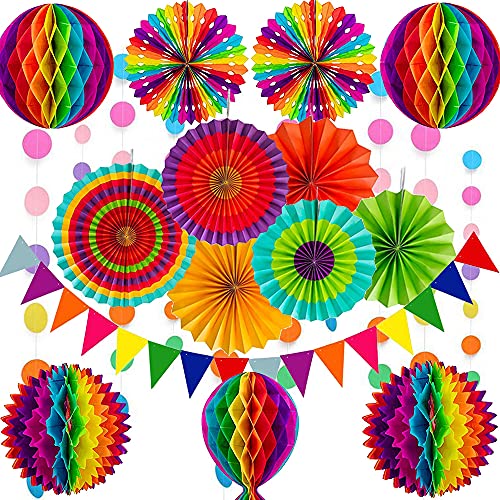 Mehrfarbige Partydekoration Set Regenbogen Farbe Papier Fächer Wabenbälle papier Wimpel pompons Blumen Polka Dot String für Geburtstag Hochzeit Fiesta Partydekoration