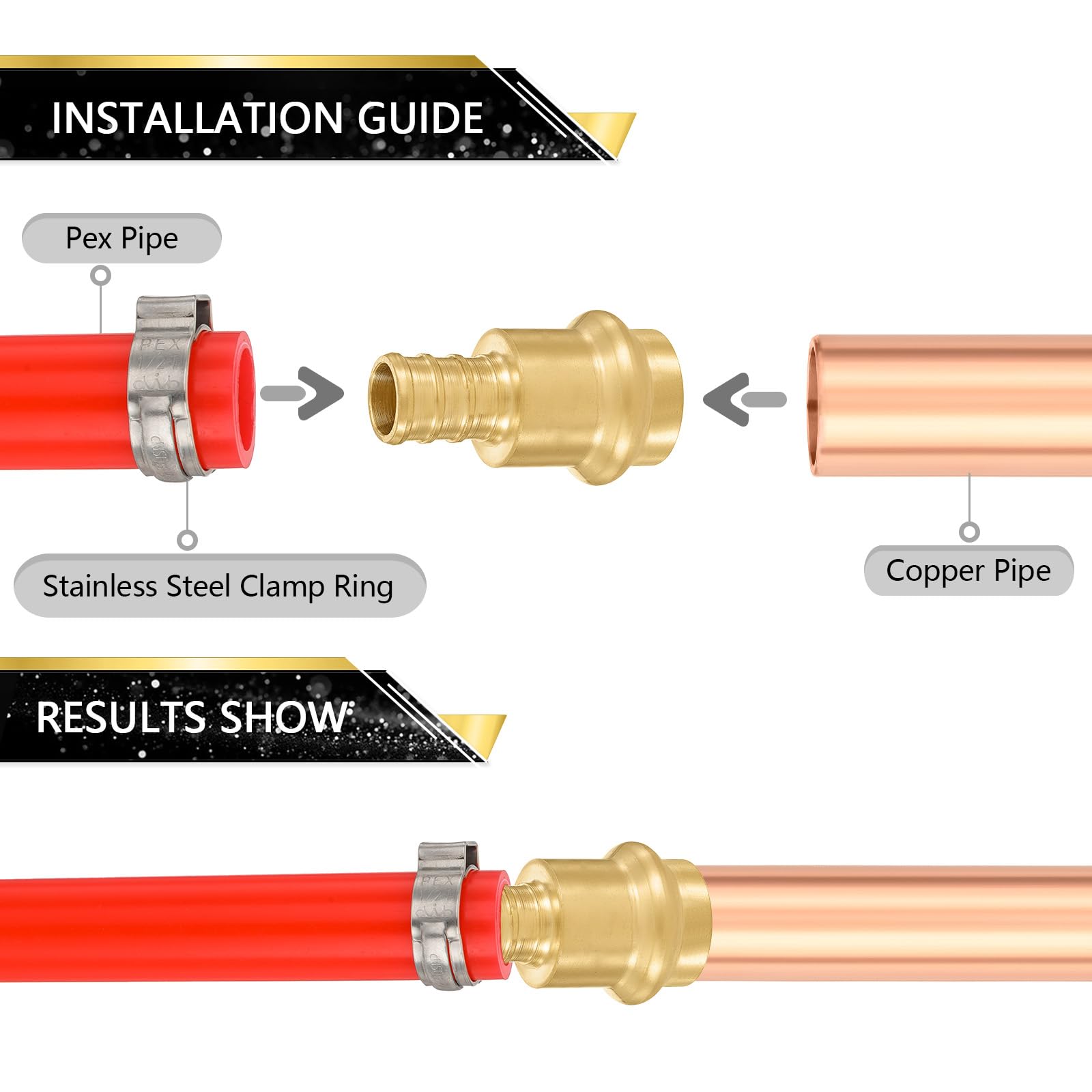 Adaptador de acoplamiento de latón de crimpado PEX de 1,27 cm x 1,27 cm, accesorios de presión que se conectan de cobre a tubo PEX (20 unidades)