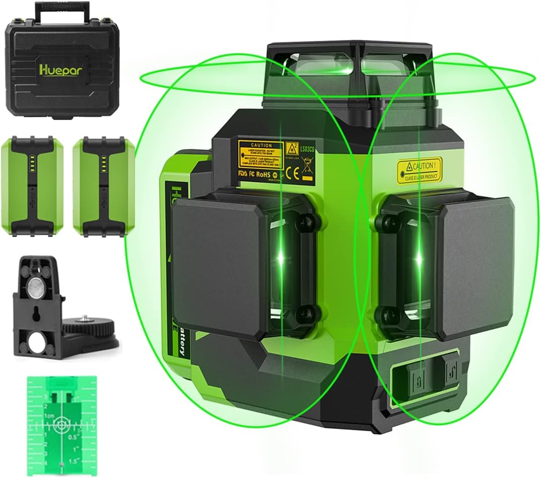 Huepar 3D Laser Level 3x360° Green Laser Level Self-Leveling 12 Lines Laser Outdoor Laser Cross Line Laser Level with Pulse Mode, 2 Rechargeable Li-ion Battery, Magnetic Bracket, and Hard Carry Case