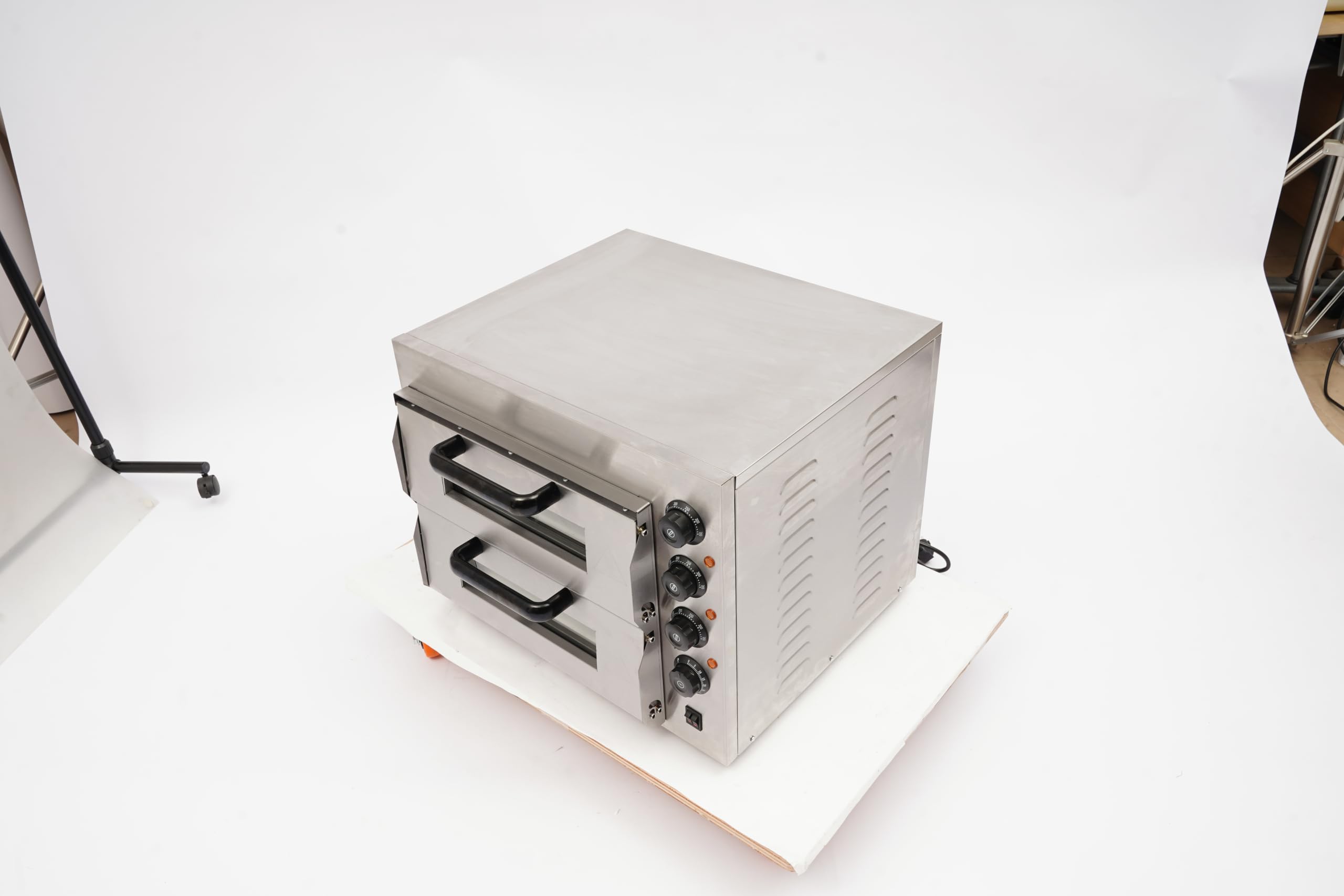 Forno per pizza commerciale da 14 pollici con timer da 50-350 °C e timer da 60 minuti | Forno elettrico doppio per pizza, 3000 W, in acciaio inox, 20 l per piano, professionale a 2 piani, per ristorante e casa