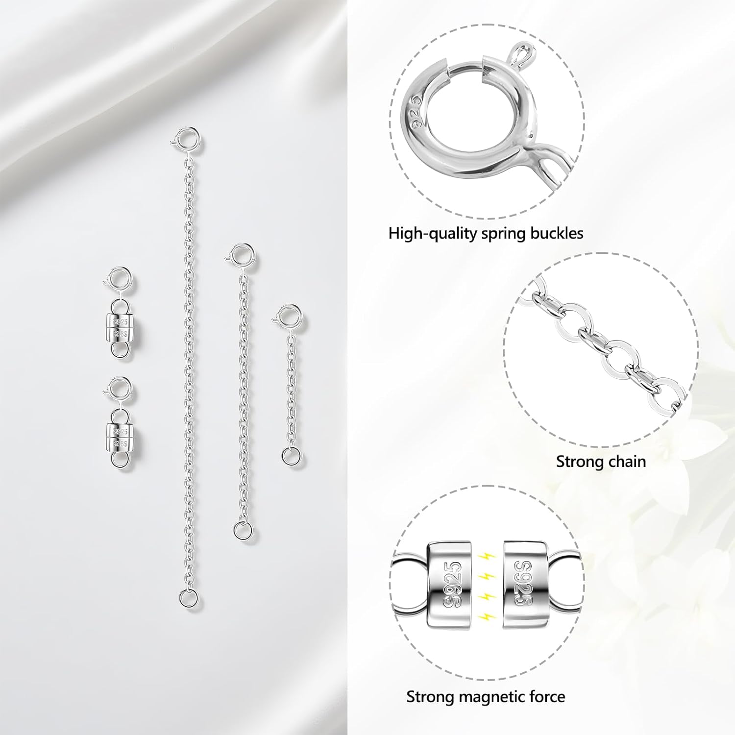 925 Sterling Silver Necklace Extender and Clasps - Jewelry Extender Kit with 3 Extender Chains & 2 Secure Clasps for Adjustable Necklaces & Bracelets, Sterling Silver Jewelry Accessories