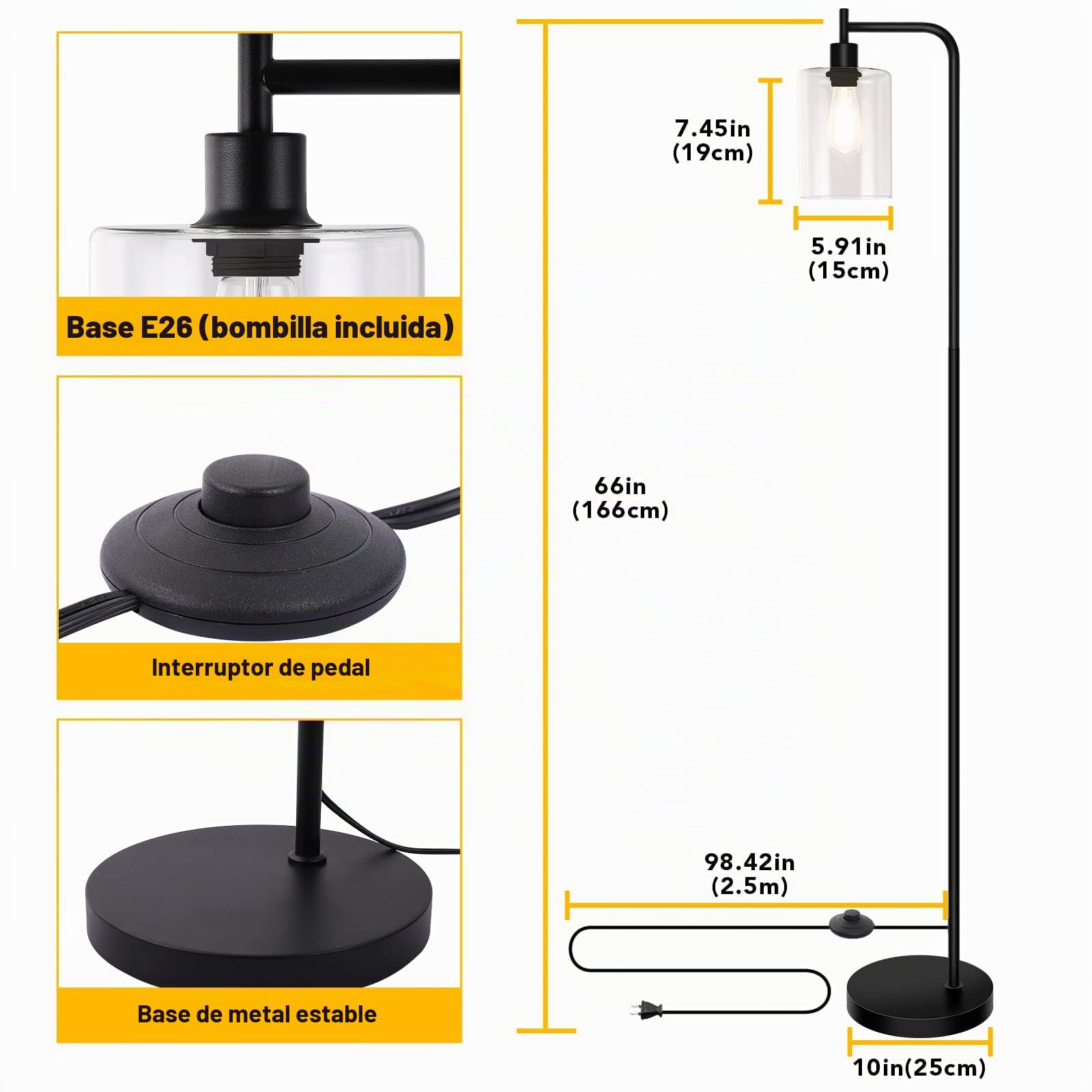 Lampara de Pie Salon Negro,Lámpara de Pie Industrial Regulable con Pantalla de Cristal Transparente,Mando a Distancia y Control de Pie, Lámpara LED Proporciona 800 lm de Luz Blanca (2700K-6500K)