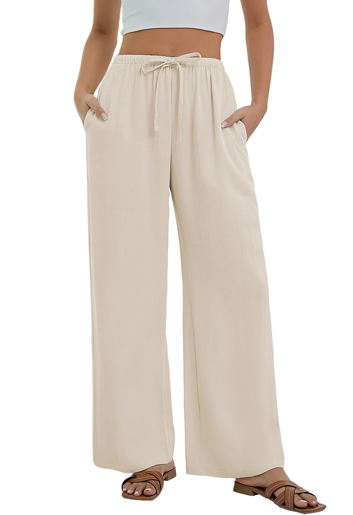 Pantalon Lin Femme Été Casual Mode Fluide Pantalons Coton Chic Taille Elastique Plage Pants avec Poches