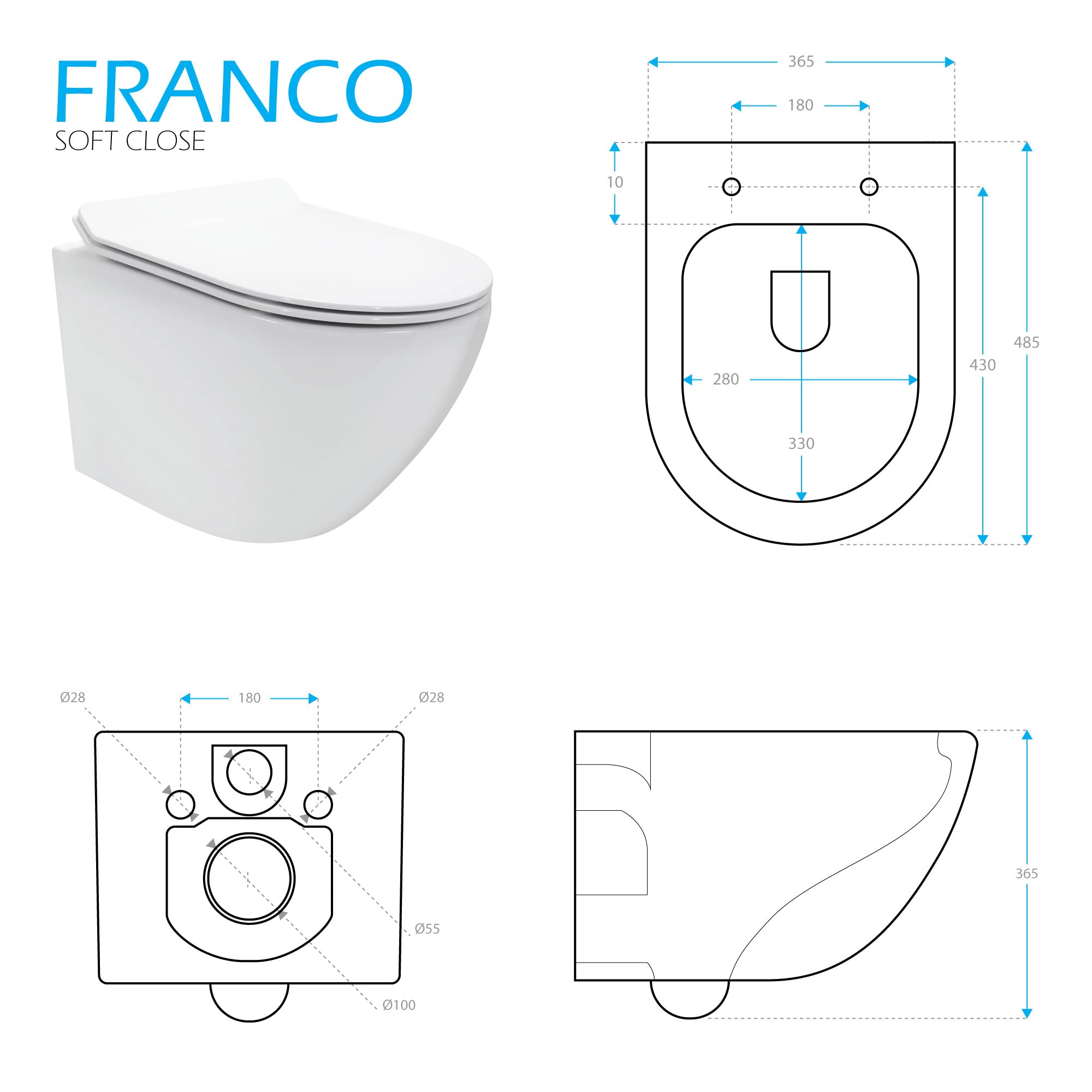 Inodoro suspendido FRANCO Easy Clean Rimless/Rimfree (sin borde) incl. asiento con mecanismo de cierre suave + extraíble en BLANCO