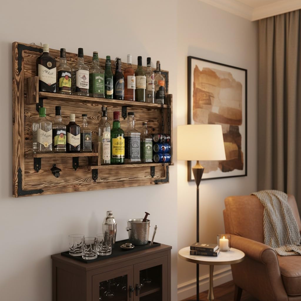 Weeco Estantería de Madera para Colgar en Casa, Hecha a Mano, Estilo Rústico, para Pared, Bar, Botellero, Regalo para Hombres, Cuadro 3D