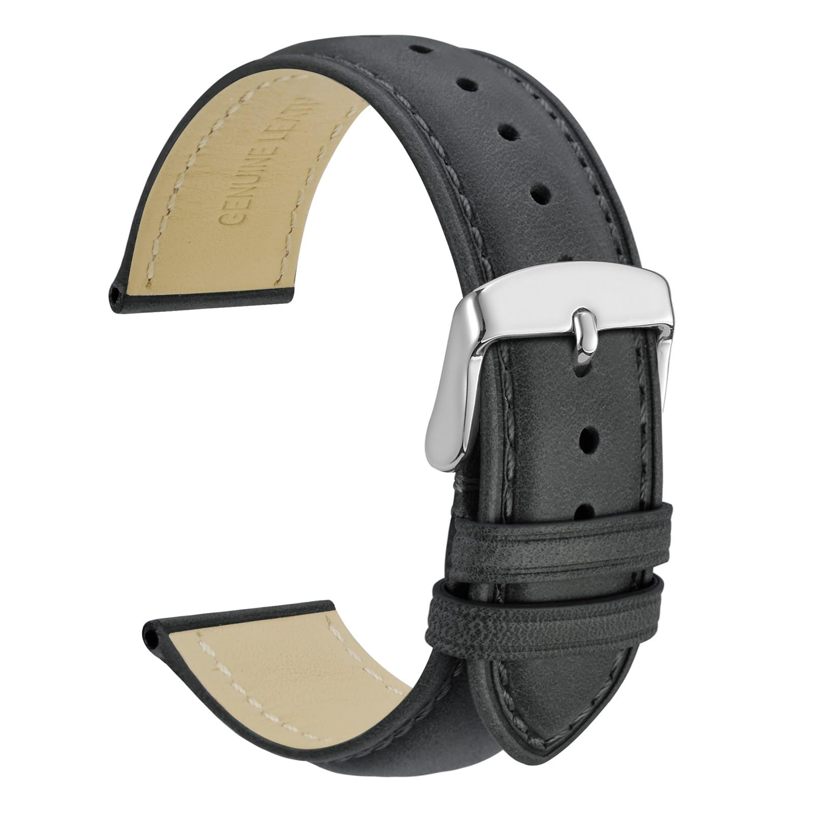 WOCCI 22mm Vintage Leather Watch Band for Men and Women, Silver Buckle (Dark Gray)