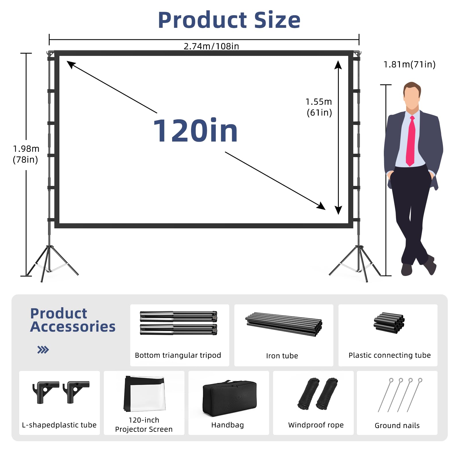 Écran de Projection d'extérieur Vamvo avec Support Portable Pliable de 304,8 cm, écran de Film d'intérieur de 3 m avec Sac de Transport pour cinéma Maison, arrière-Cour, soirée cinéma