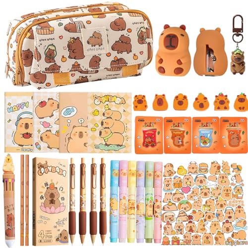 Image of Cute Capybara Pencil Case Gift Set, Includes Pencil Case,Capybara Ball-Point Pen,Color pen,Eraser,Bookmark,Mini notebook,Pencil sharpener,Stickers,Keychain.