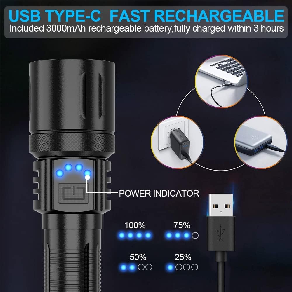 Small Rechargeable Flashlight, Tactical Flashlight 3000 High Lumens, Mini Handheld Flashlight with 3000mAh Battery, IPX6 Waterproof, Zoomable, 4 Modes for Camping, Dog Walking, Emergency 2 Pack : Everything Else