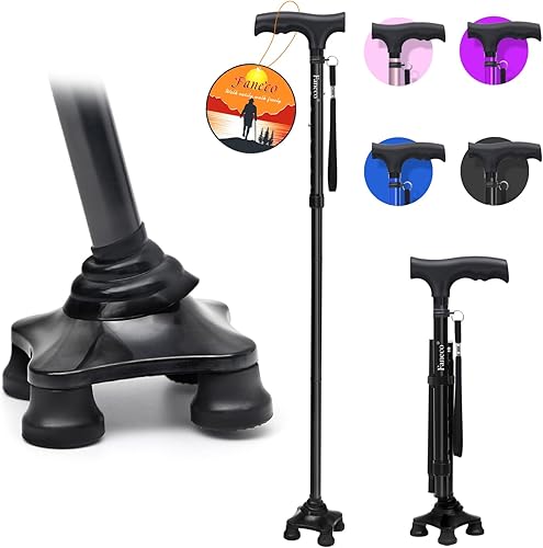 Walking Cane, Folding Walking Stick for Seniors, Pivoting Quad Base, Lightweight Adjustable Walking Stick for MenWomen