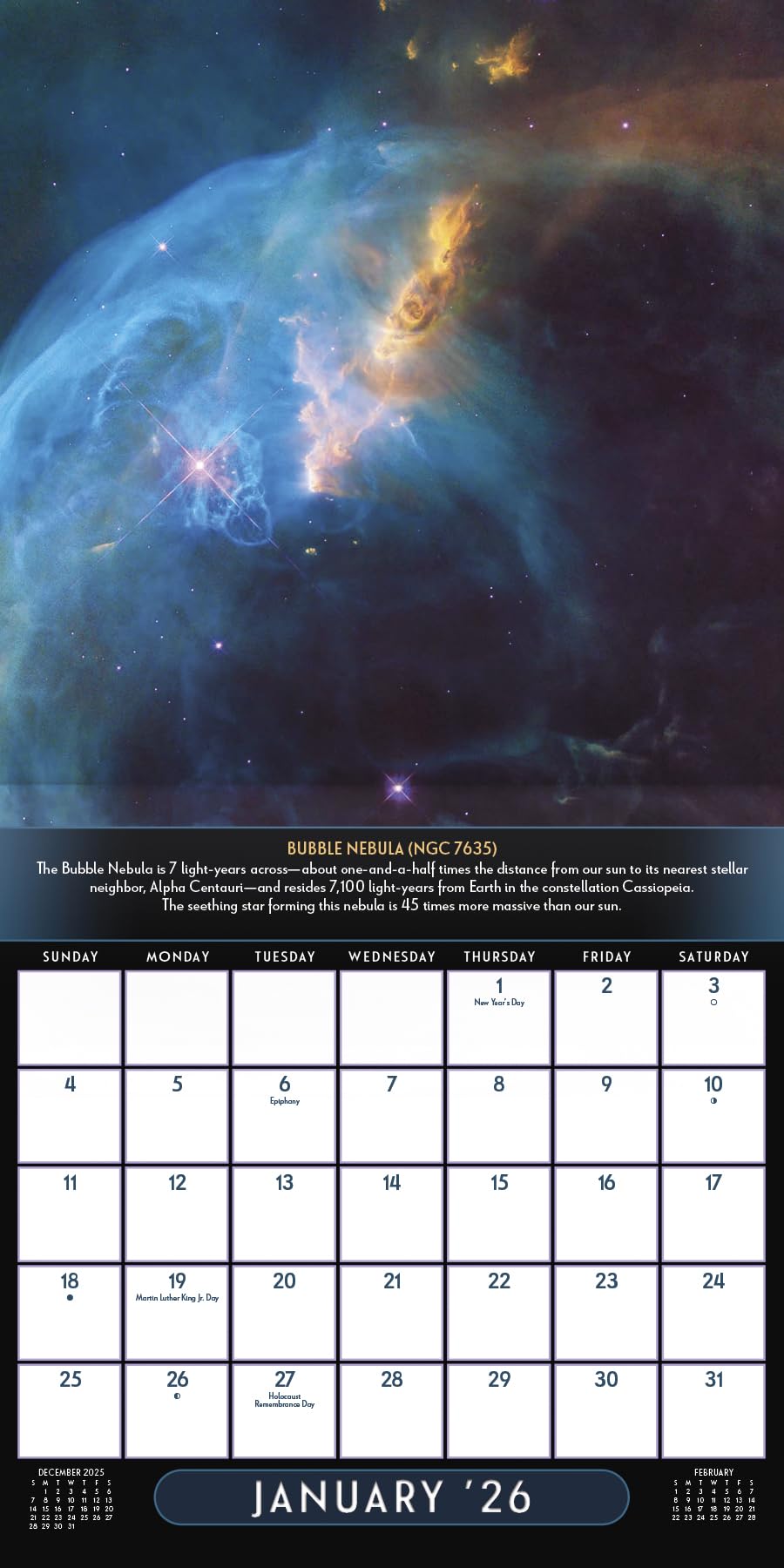 Calendrier mural 2026 NASA - Vues du télescope Hubble