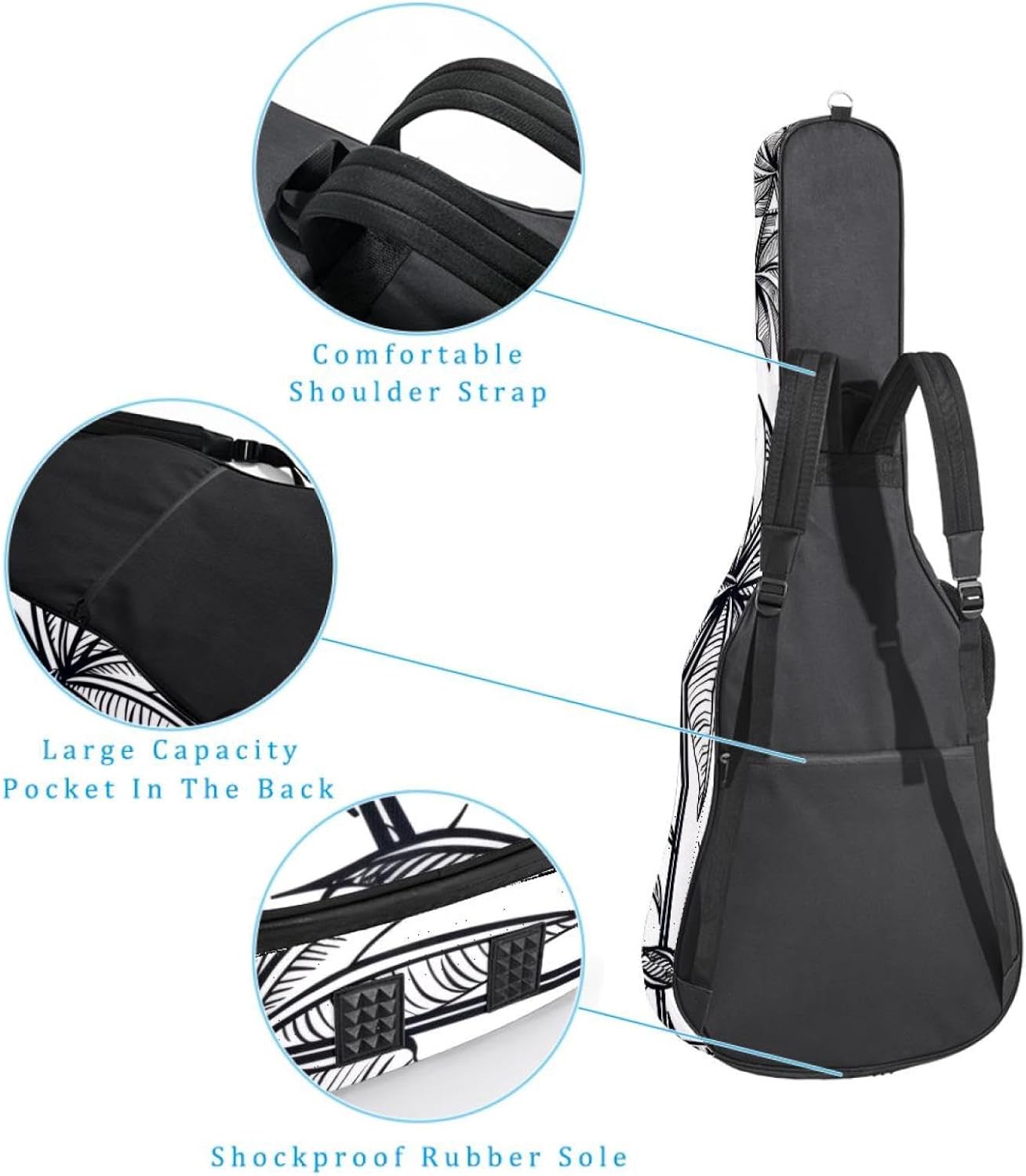 Acoustic Guitar Bag 0.4 Inch Thick Padding Waterproof Guitar Case Gig Bag for 40 41 42 Inch Electric Bass Classical Guitar, Hand Drawn Tropical Palm Leaves and Tree
