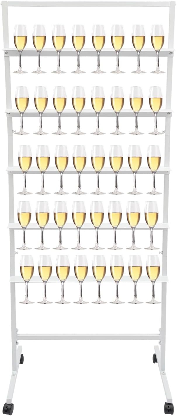 Champagne Wine Glass Holder 5-Tier Stemware Rack Champagne Flute Holder Stand with Lockable Wheels Champagnes Wall Holders Wine Glass Storage Rack (25.98 * 15.75 * 67.72in, White)