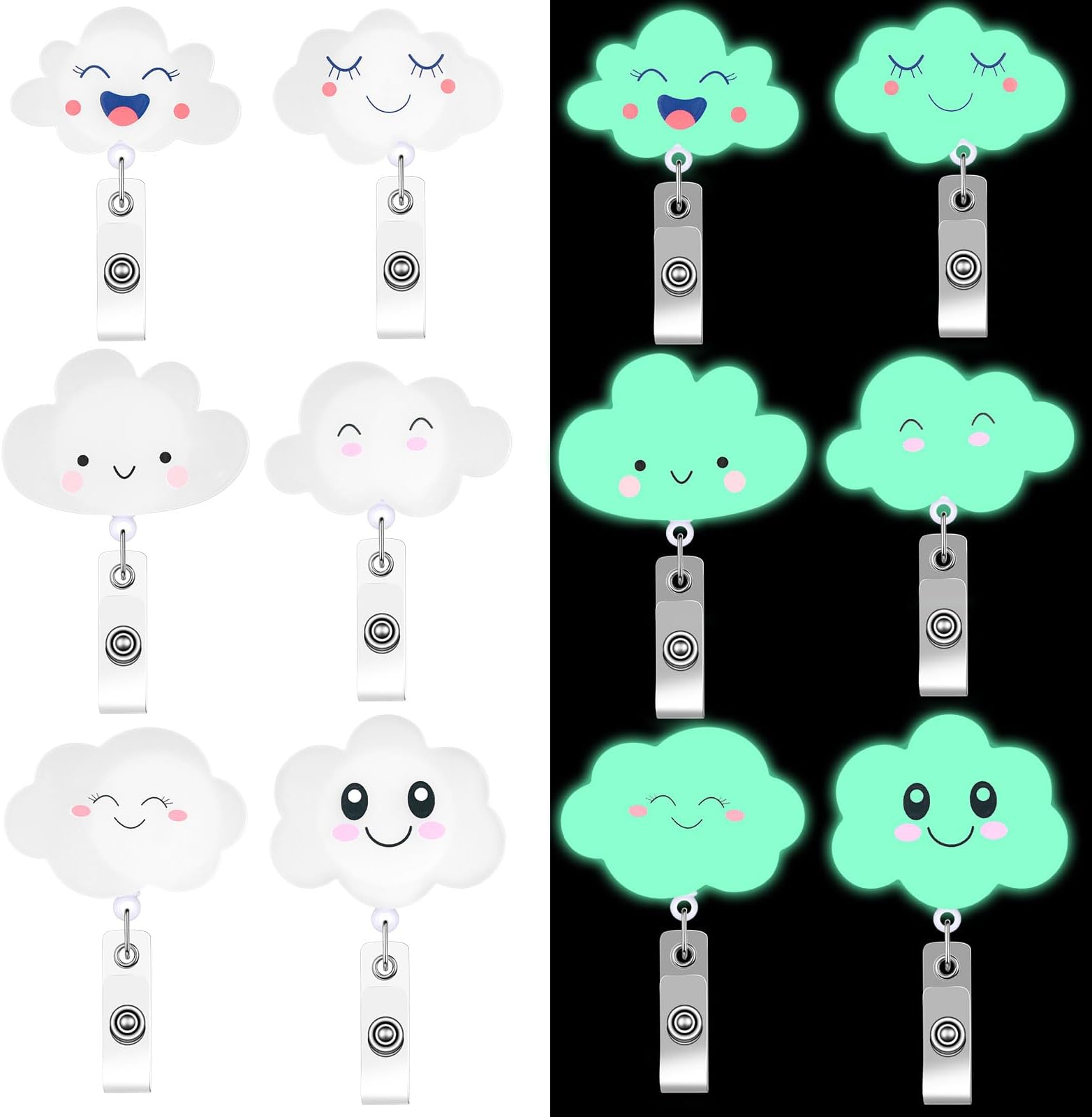 Fulmoon 6 Pcs Glow in The Dark Cloud Badge Reel Retractable Christmas Cloud Badge Reels Nurse Badge Holder with Alligator Clip ID Holder Luminous Badge Clips for Nurse Doctor Teacher Office Gift