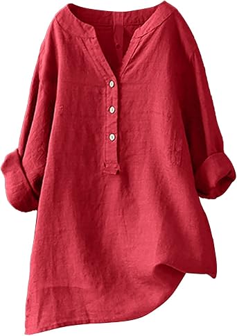 Nantdog Womens Linen Gauze Shirts 2025 Summer 3/4 Sleeve Button Down Henley Neck Tops Dressy Casual Beach Y2k Blouses Tunics
