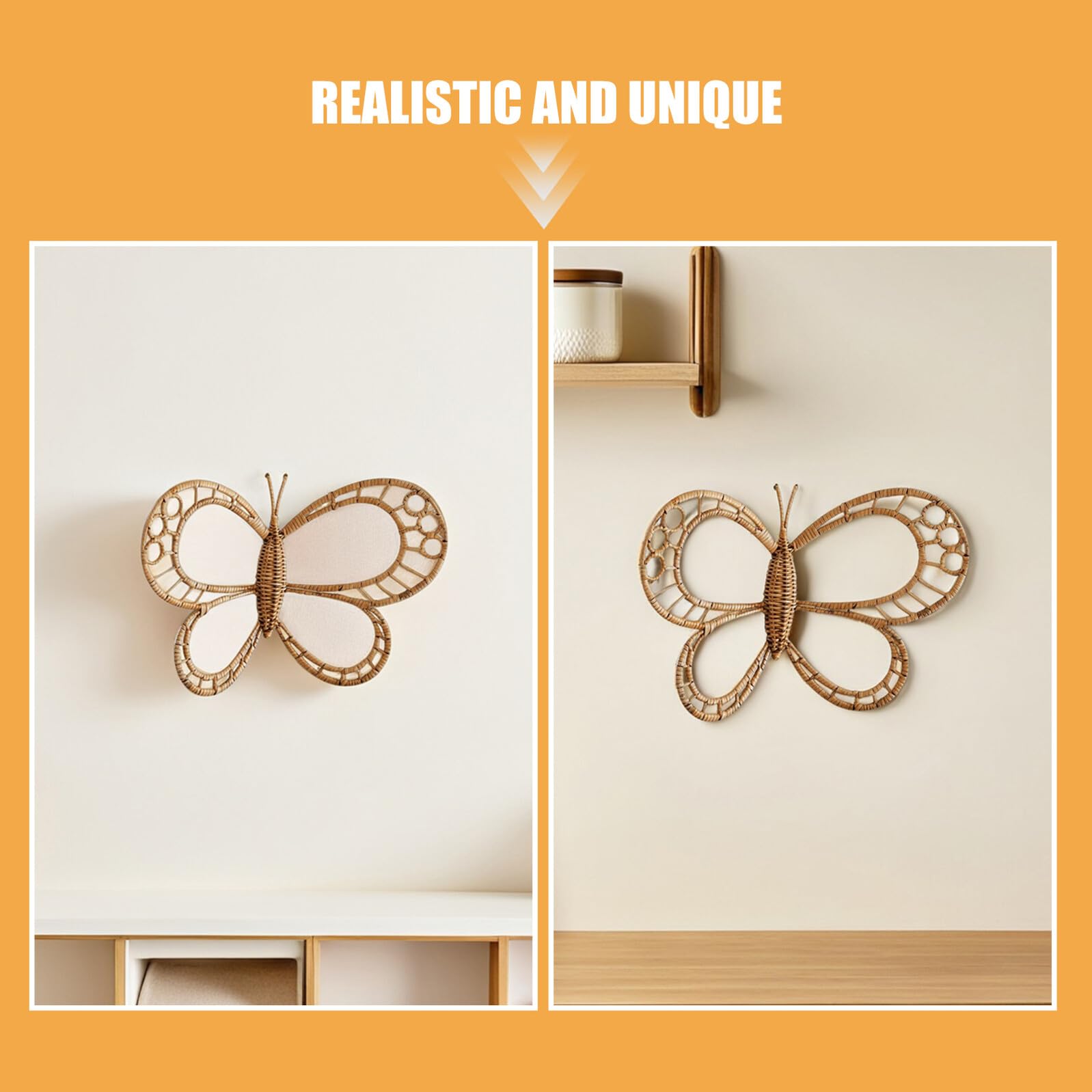 Escultura de insecto alado de pared en hierro y ratán marrón, estilo boho | sala de estar, casa rural, conserva forma y tono originales pieza boho única, integración sencilla
