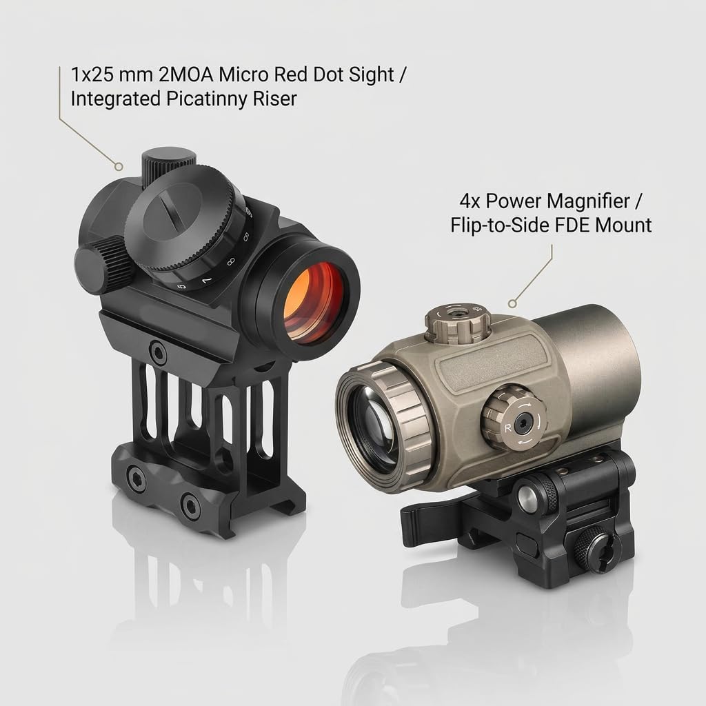 GOTICAL Finger Sight Set, Fixed Backup Front and Rear Sight BUIS Set, Fit Picatinny Rail and Weaver (Combo - Dot Sight + 4X Magnifier DE)