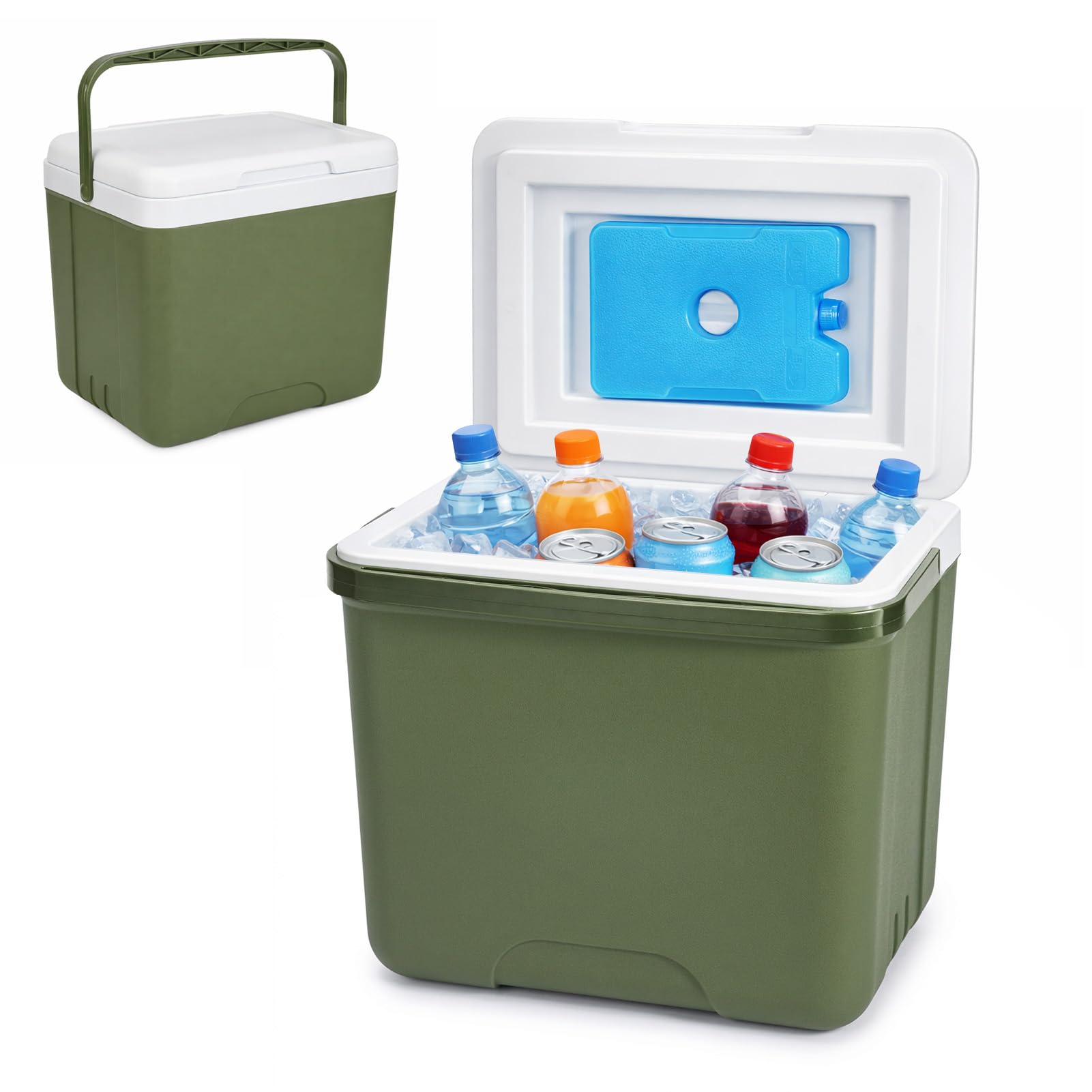 Portable Insulated Cooler Box, 15L, Green, Cold and Hot Dual-Purpose, with Ice Pack, for Camping, Fishing, and Beverage Refrigeration