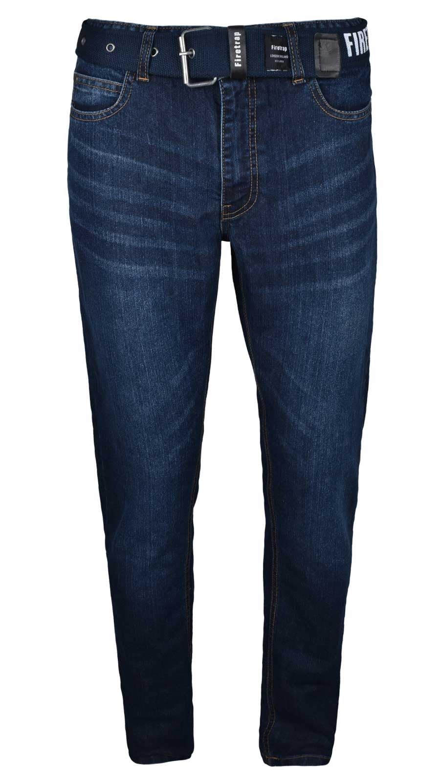 Firetrap Men's Dark Wash Straight Leg Jeans Denim Classic Casual Pants Work Trousers Multi Pockets With Free Belt 36W / 32L