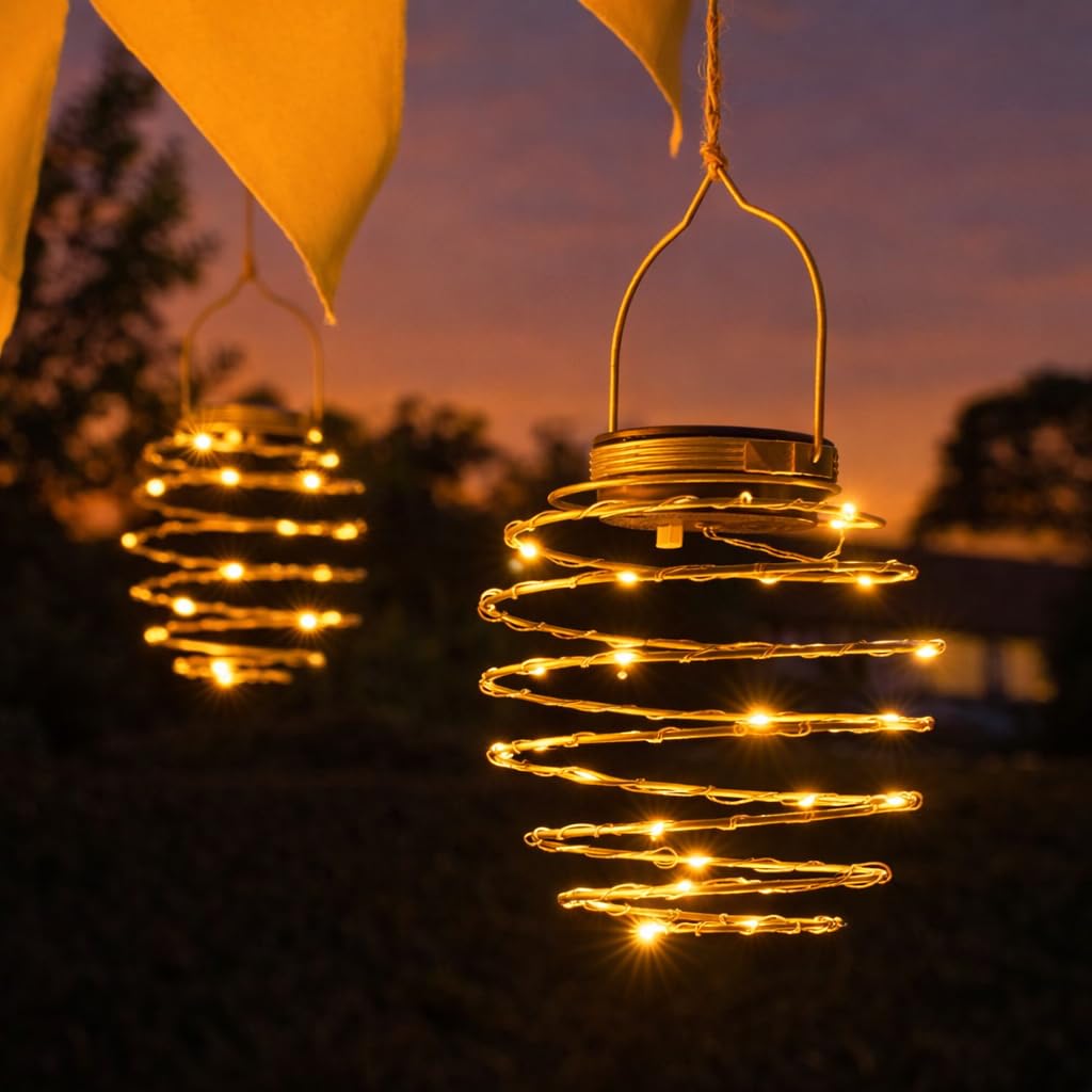 Festive Lights Suspensions Spirales Lumineuses Solaires Effet Lanterne Éclairage 64 LED (Lot de 4) pour la Décoration Extérieure du Jardin - 19cm