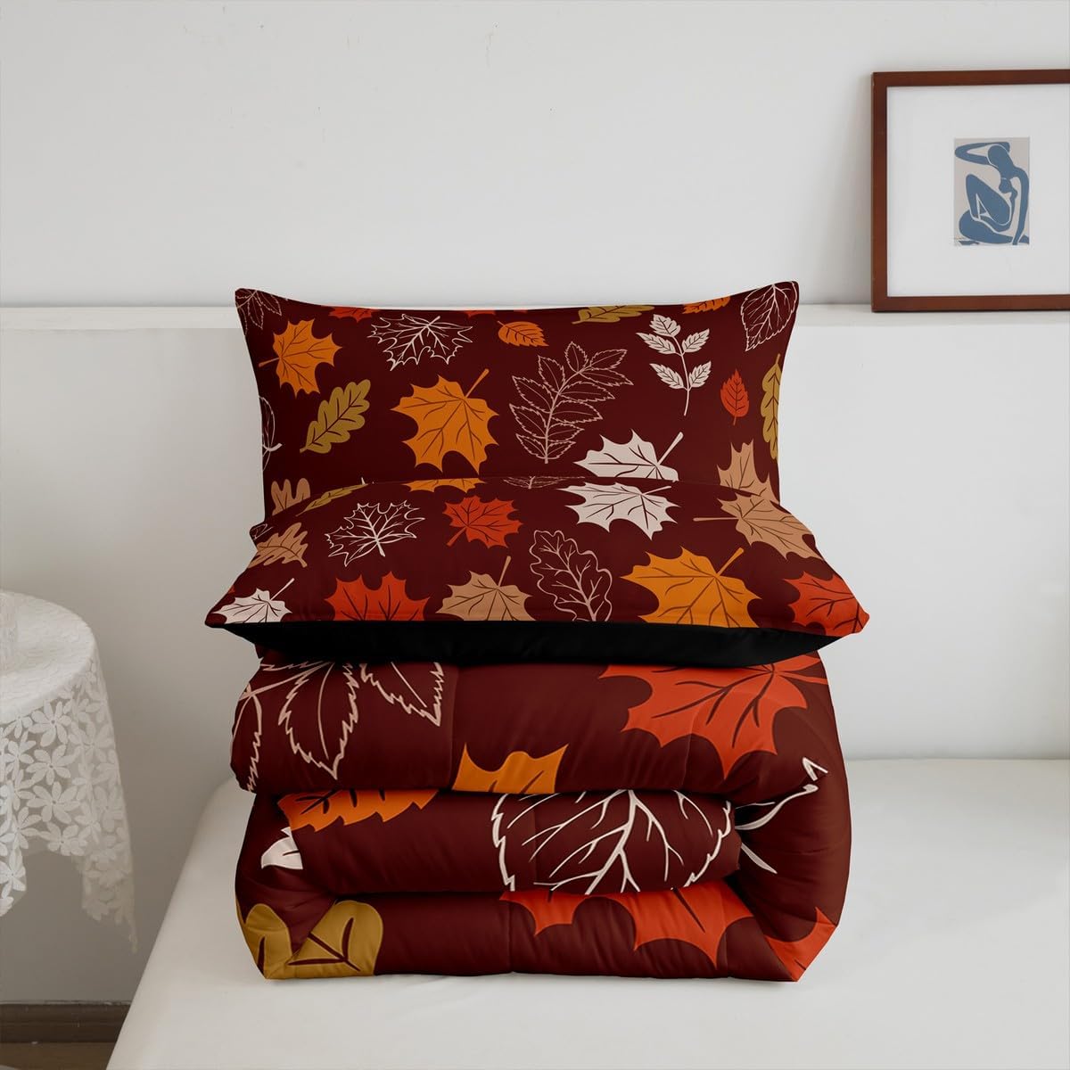 Autumn Harvest Comforter Set Queen Size For Kids Teens With 2 Pillow Cases Fall Leaves Bedding Set Thanksgiving Day Quilt Rustic Farmhouse Down Comforter Gold Fallen Leaf Bedding Comforter Sets