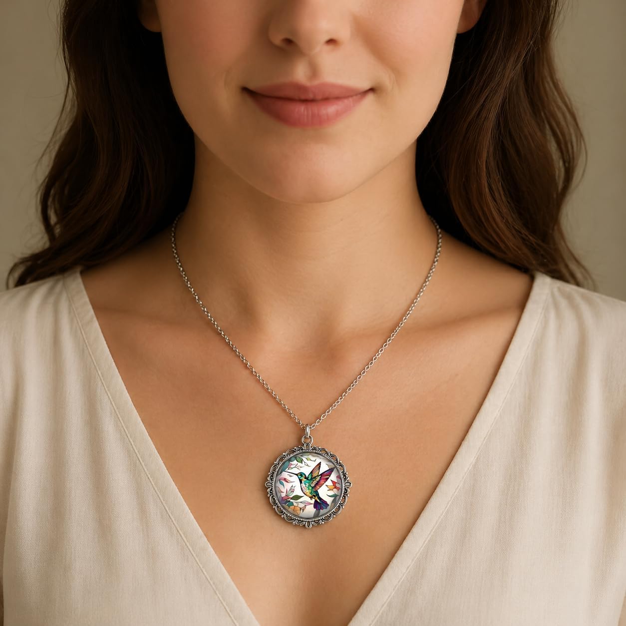 SUPAC Stunning Hummingbird Pendant Necklace - Two Humming Birds Searching for Flower - Fashionable Alloy Jewelry with Delicate Details - Birthday, Party, Gift Idea for Her image 2