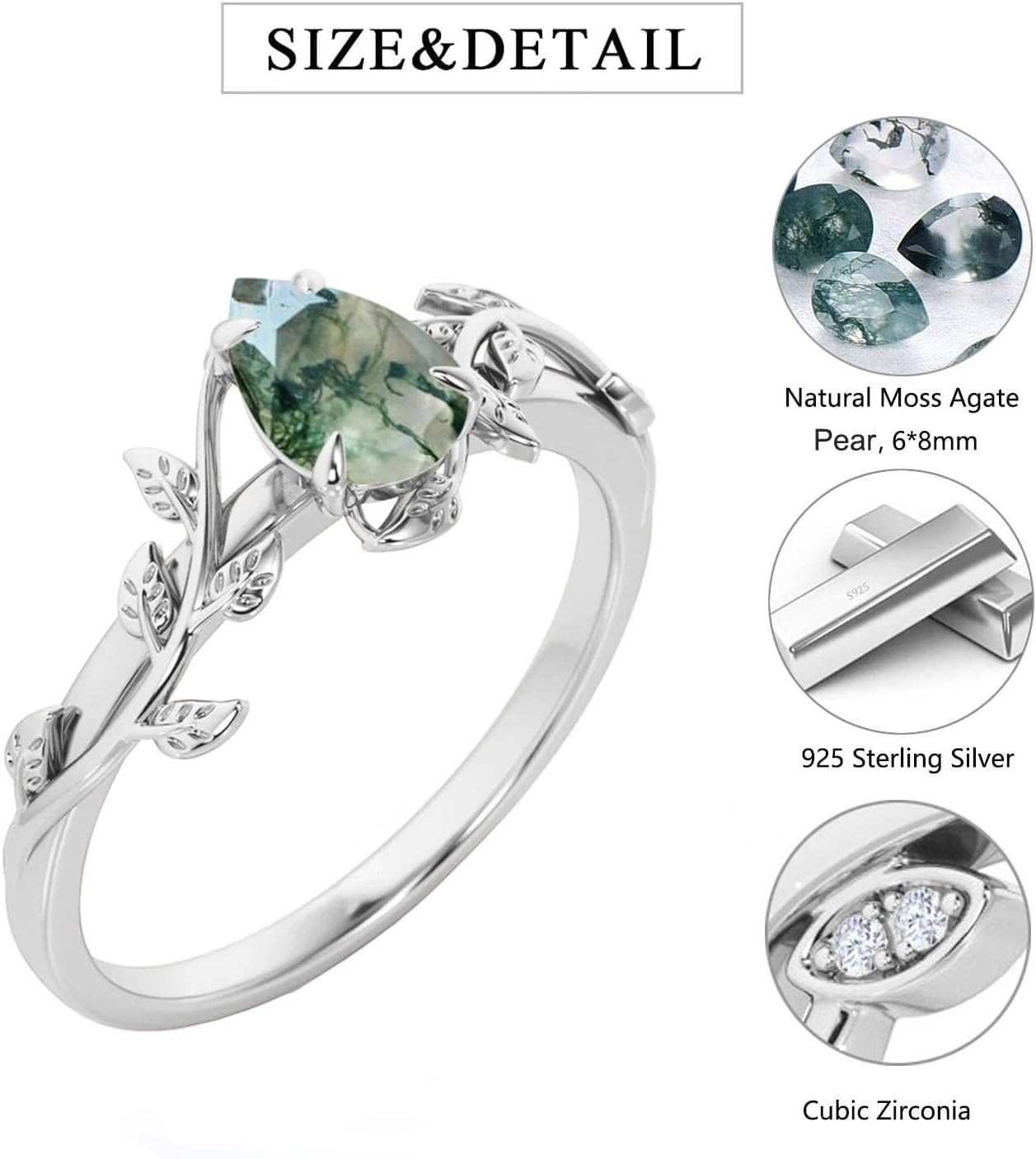 Natural Moss Agate Ring 925 Sterling Silver Green Moss Agate Ring Promise Engagement Wedding Jewelry Gift for Women