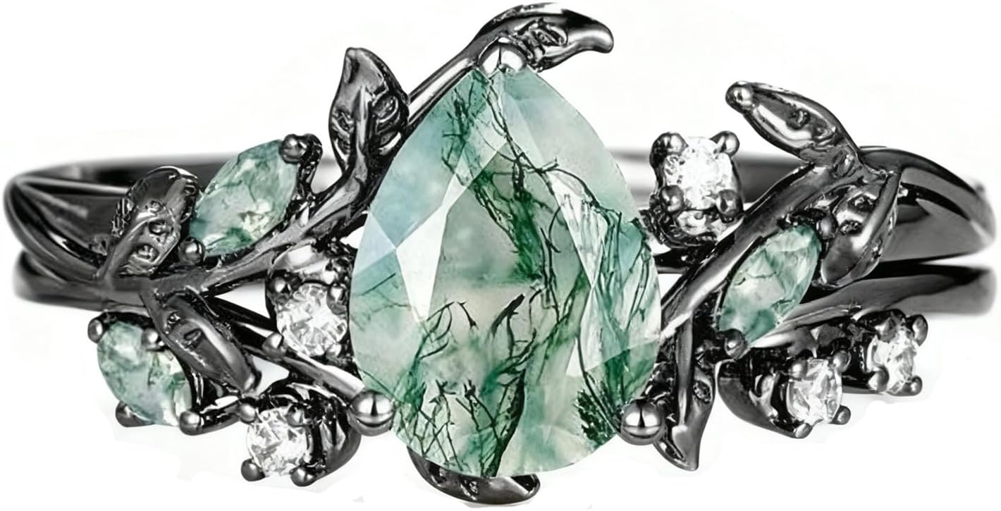 Natural Moss Agate Engagement Ring Set 925 Sterling Silver Bridal Ring Set for Her Jewelry Gift for Women Black Vintage Promise Rings Set