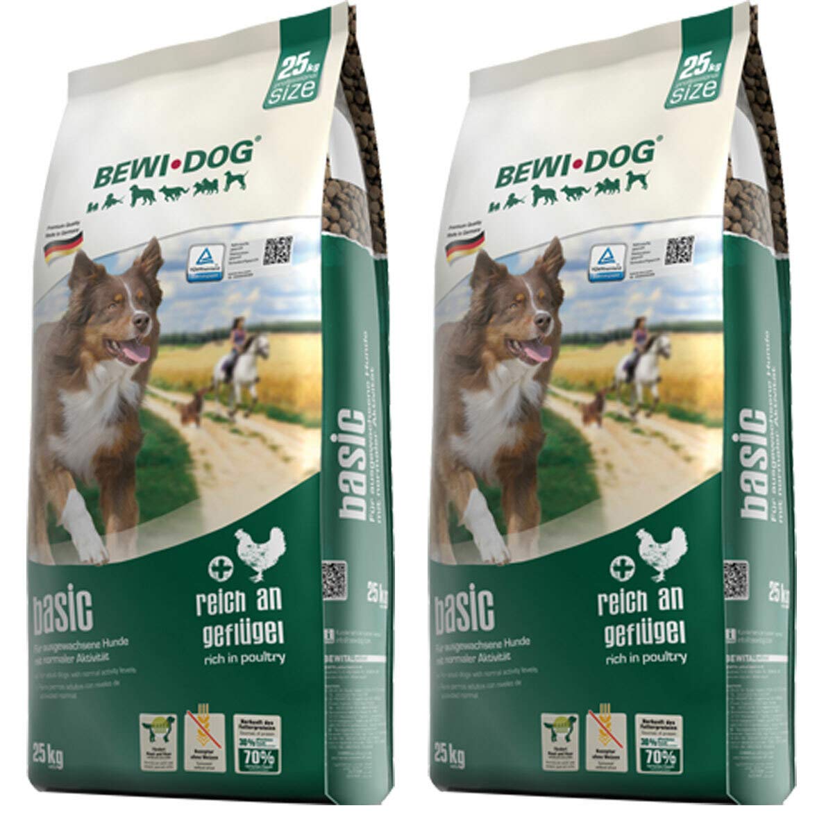 Bewi Dog - Basic Allroundfutter 2 x 25kg Alleinfuttermittel - Hundefutter für ausgewachsene normal aktive Hunde - Trockenfutter ohne Weizen und Soja - Mit viel Geflügel - Ohne künstliche Zusätze