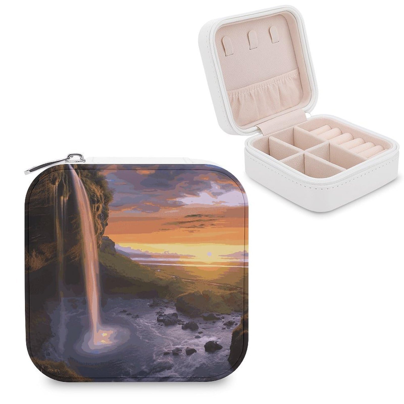MUSM Waterfall at Sunset Travel Jewelry Case Personalized PU Leather Jewelry Boxes for Women Small Portable Jewelry Organizer Box Cute Trinket Box for Necklaces Rings Earrings & Gifts