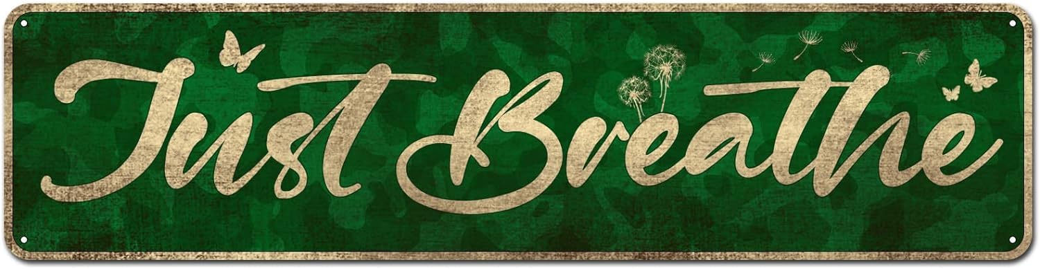kisoyo Just Breathe Sign, Everyday Inspirational Quotes Words Home Wall Sign On Novelty Tin Print Wall Art Gift Idea 16x4 Inch