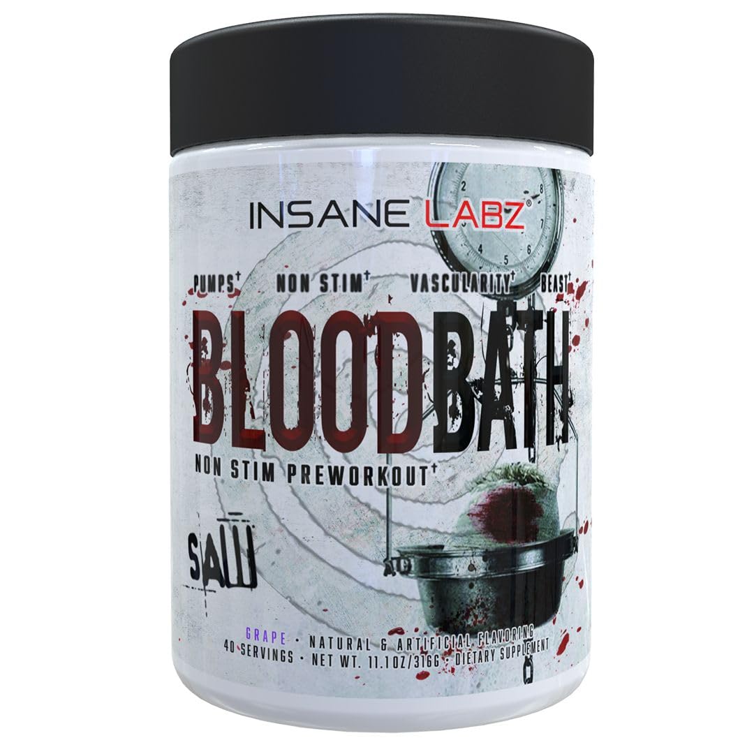 Insane Labz SAW Bloodbath Pré-treino sem estimulantes com Nitrosigine®, OxyGold™, sulfato de agmatina, L-citrulina, betaína anidra, 40 porções (uva)