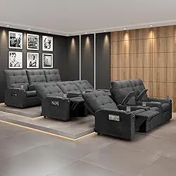 Poltrona do Papai Reclinável Sala de Cinema Movie 3 Lugares Manual Baú USB Linho Chumbo